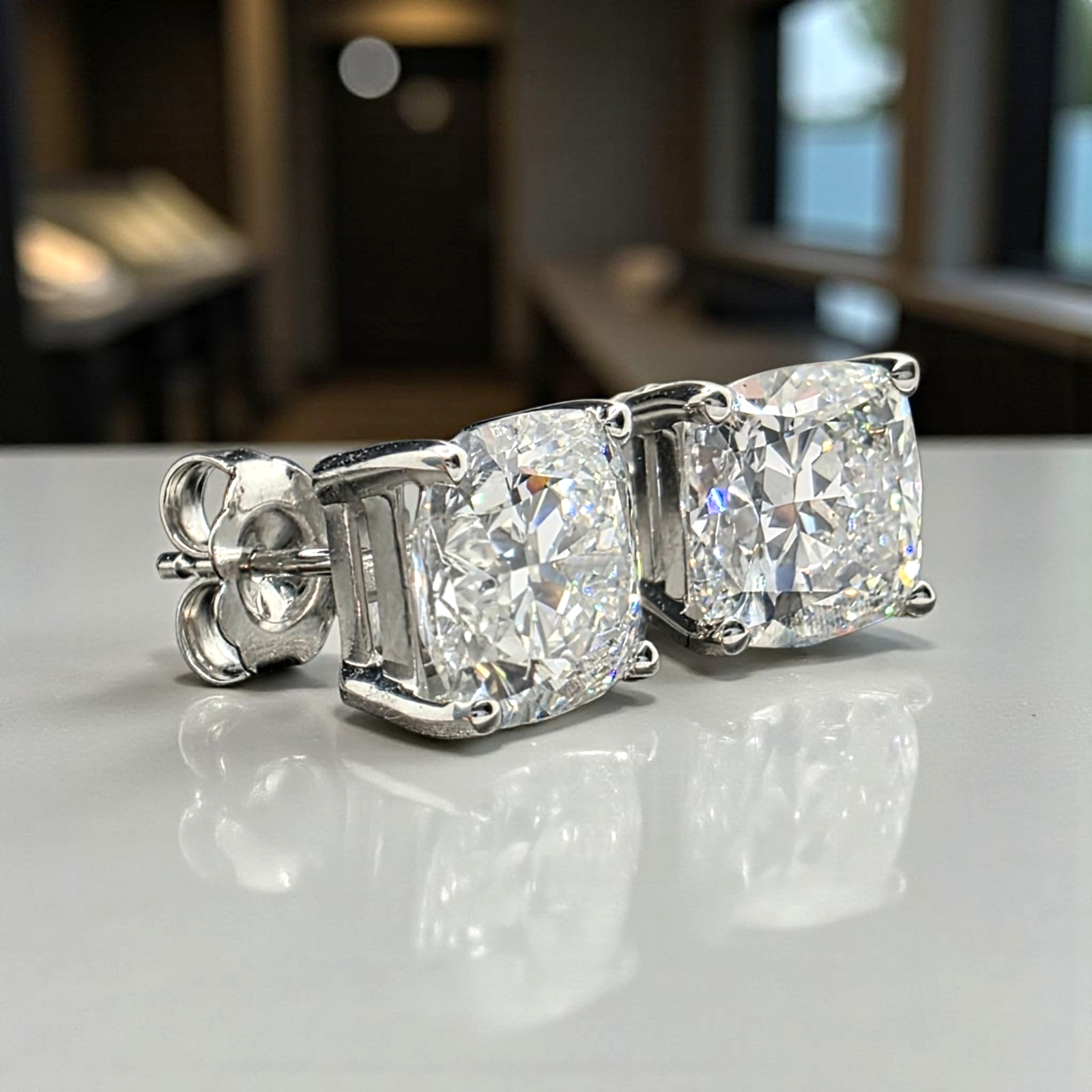 4.00 Cushion E VS1 Lab Grown Diamond Studs IGI Certified 14k White Gold