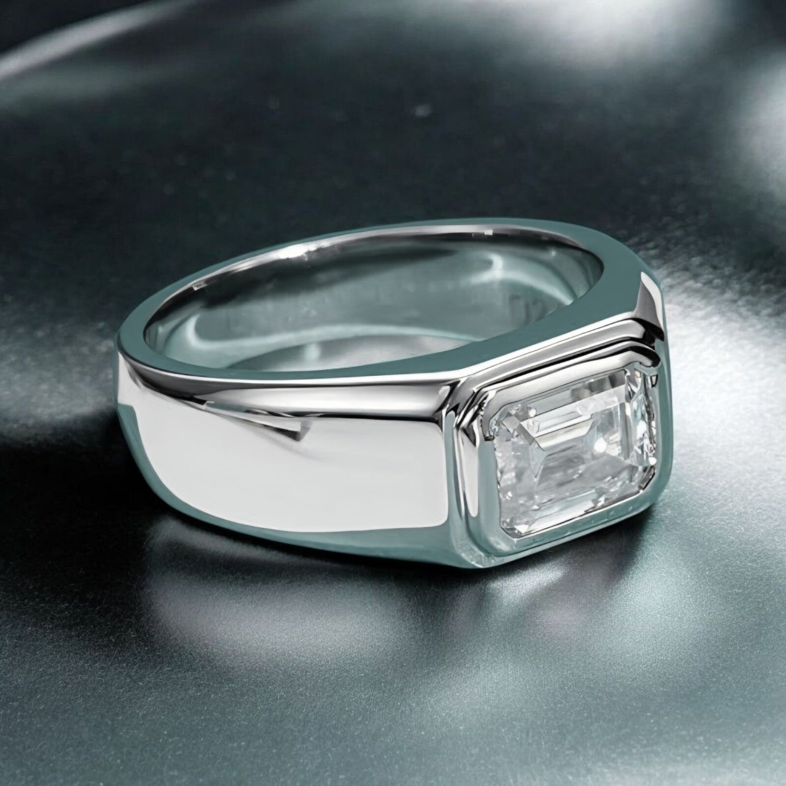 2.00 Ct Lab Grown Emerald Cut Diamond D VS1 Men's Ring 14K White IGI Certified