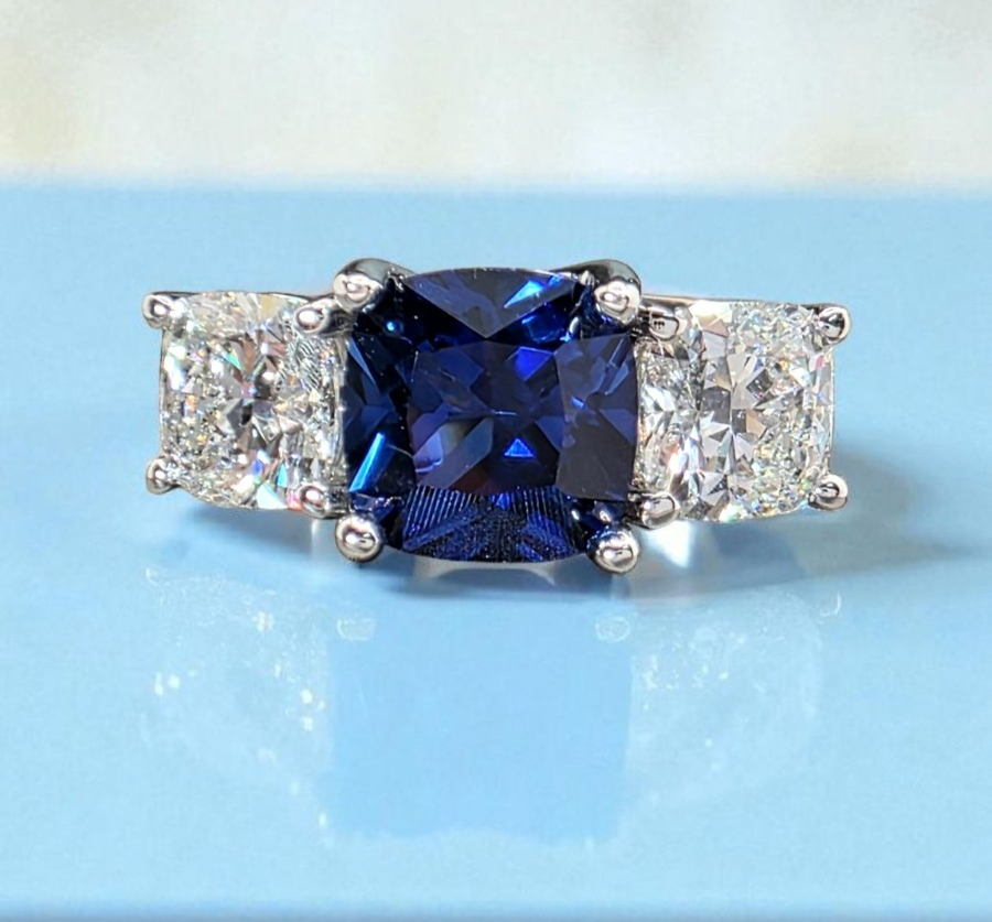 4.70 Ct Cushion Lab Grown Sapphire and Diamond Ring 14k IGI GIA Authenticated
