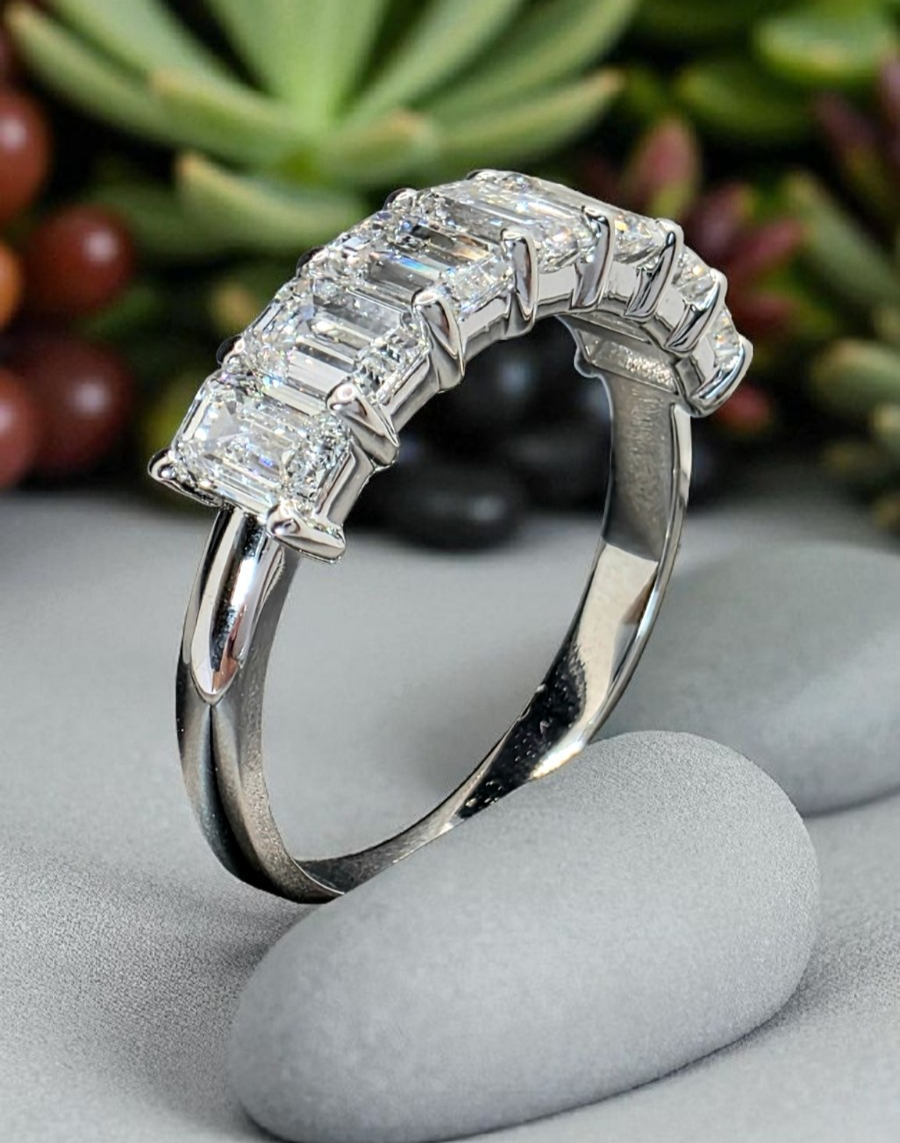 3.00 Carat 7 Stone Lab Grown Emerald Cut Diamond Band 3mm 14k White Gold