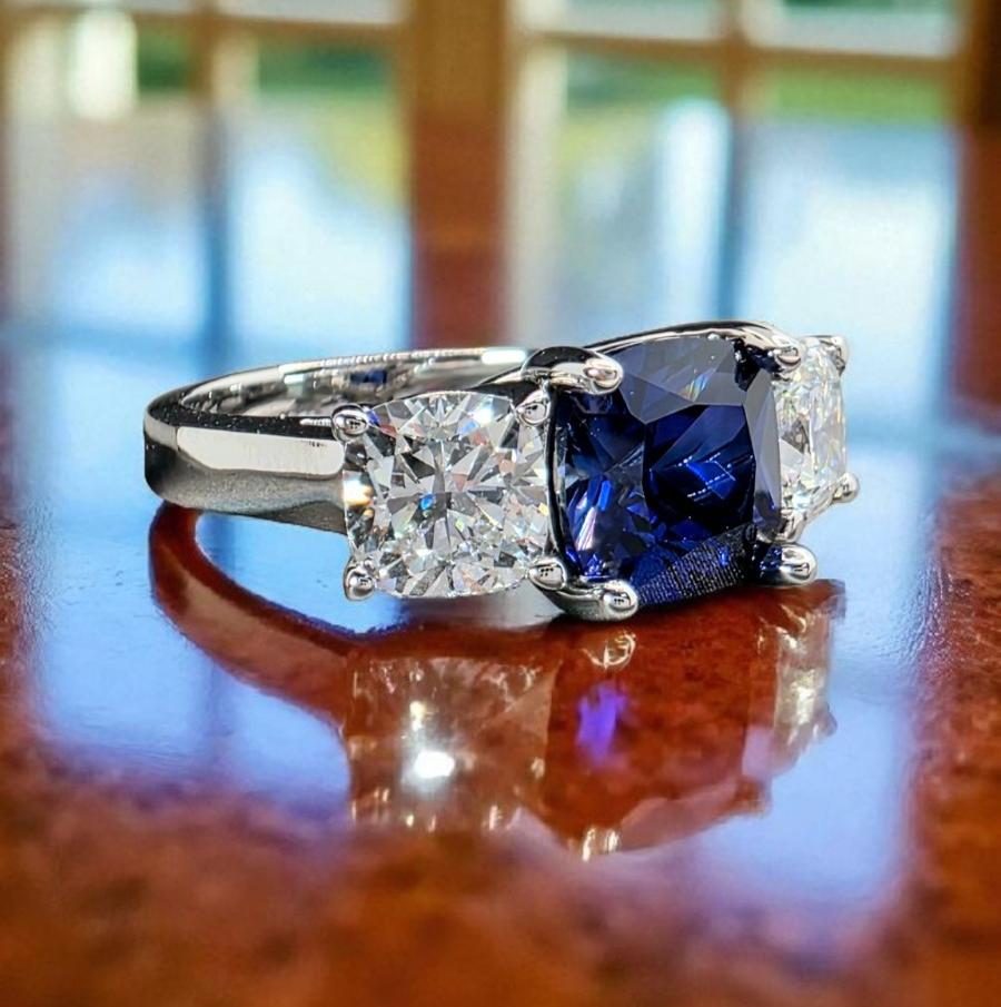 4.70 Ct Cushion Lab Grown Sapphire and Diamond Ring 14k IGI GIA Authenticated