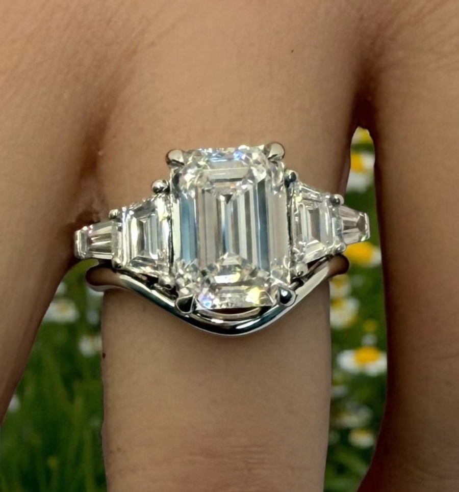 4.80 Carat E VS1 Platinum Emerald Cut IGI Lab Grown Diamond Ring and Curved Band