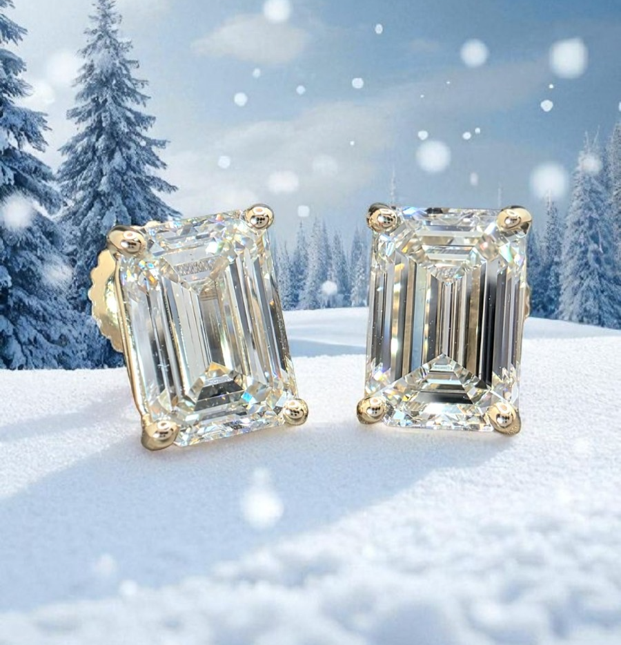 3 Ct Basket Set Emerald Cut G VS1 Lab Grown Diamond Stud Earrings 14K Gold IGI