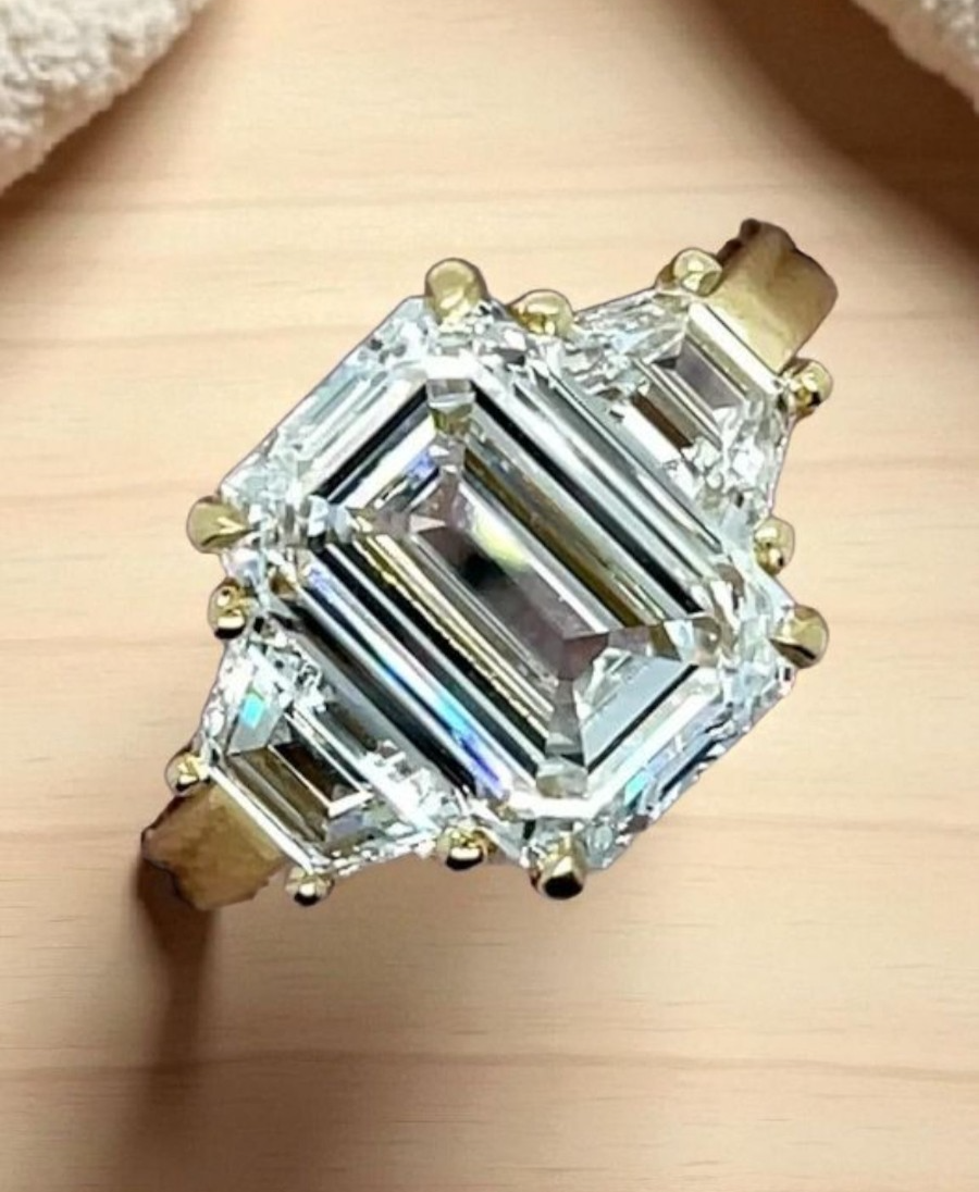 3.80Ct Emerald Cut Lab Grown Diamond Three Stone Engagement Ring 14k Yellow Gold