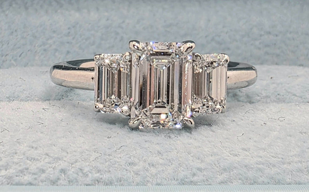 2.50 Ct Emerald Cut Certified Lab Grown Diamond 3 Stone Ring Platinum