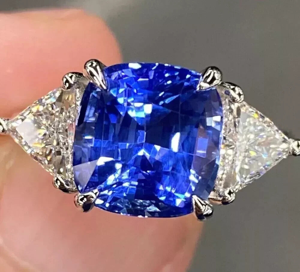 3.50 Ct Cushion Lab Grown Sapphire and Diamond Ring 14k GIA Authenticated