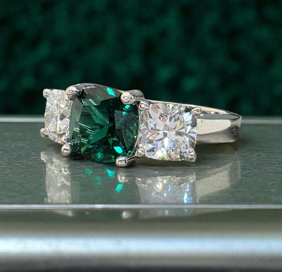 4.00 Ct Cushion Lab Grown Emerald and Diamond Ring 14k IGI GIA Authenticated
