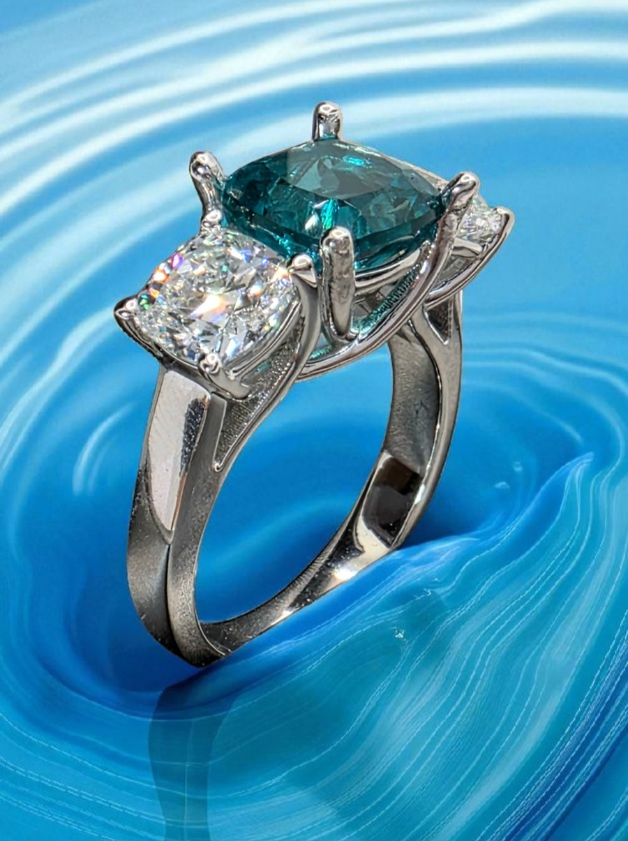 4.00 Ct Cushion Lab Grown Paraiba Tourmaline and Diamond Ring 14k IGI GIA