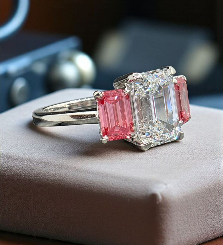 4.60 CT D VS1 Emerald Cut Lab Grown Diamond 3 Stone Ring Platinum IGI Certified