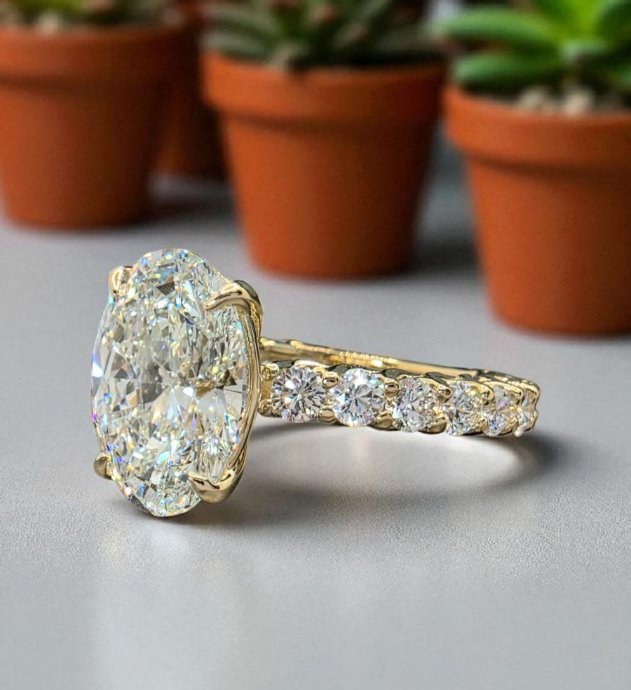4.16 Ct F VS1 Carat Oval Lab Grown Diamond Ring IGI Certified 14k Yellow Gold