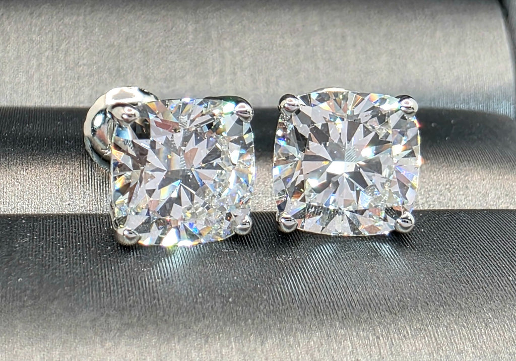 4.00 Cushion D VS1 Lab Grown Diamond Studs IGI Certified 14k White Gold Screw