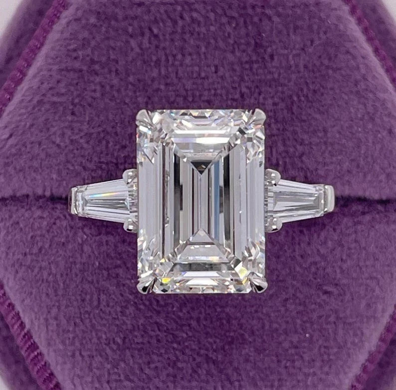5.35 Ct IGI E VS1 Emerald Cut Lab Grown Diamond Side Baguette Three Stone Ring