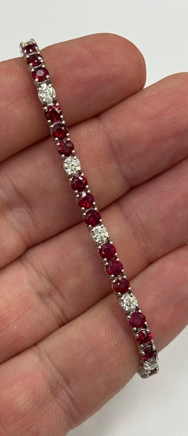 8.56 Carat Red Ruby & Diamond Tennis Bracelet 14k White Gold Natural Diamonds