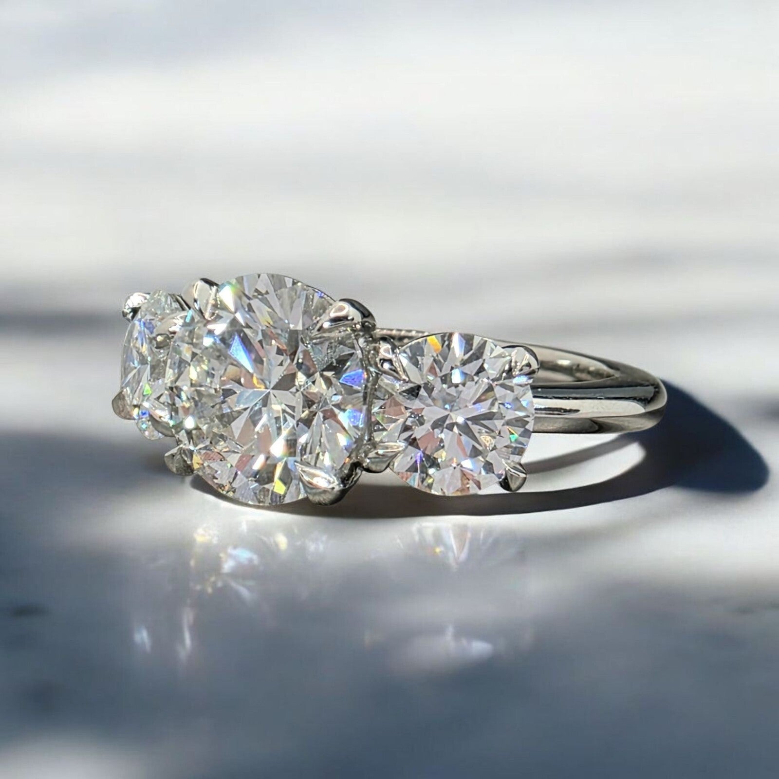 5.00 CT E VS1 Lab Grown Round Cut Diamond Three Stone Engagement Ring IGI Plat