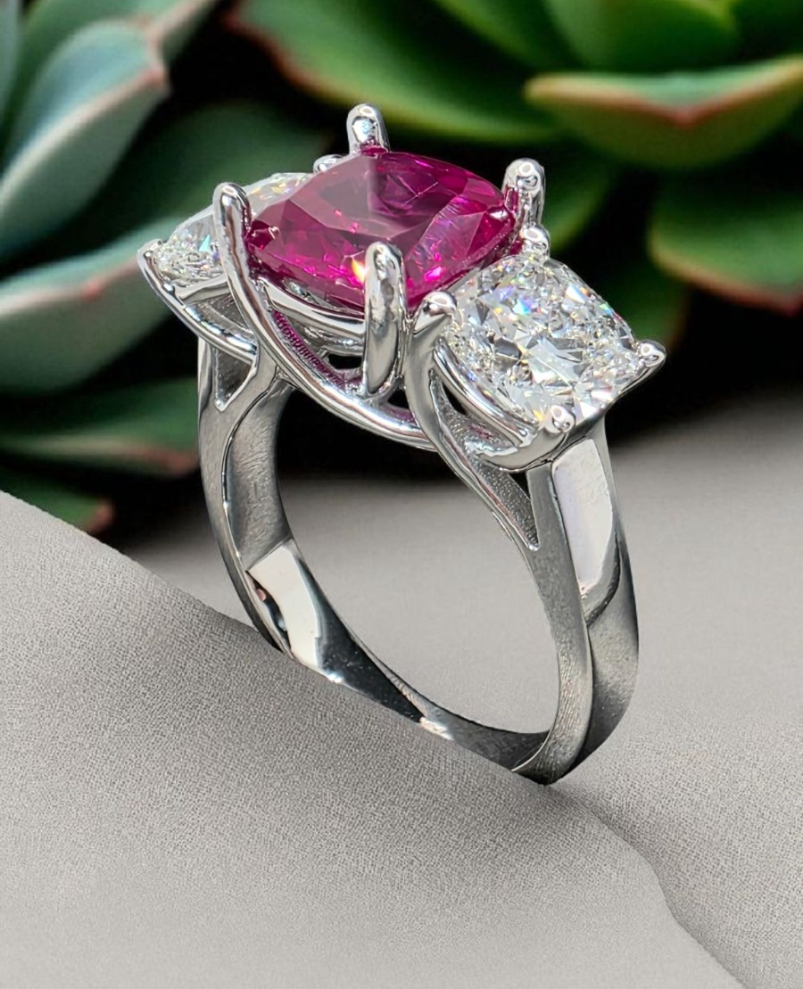 4.80 Ct Cushion Lab Grown Ruby and Diamond Ring 14k IGI GIA Authenticated