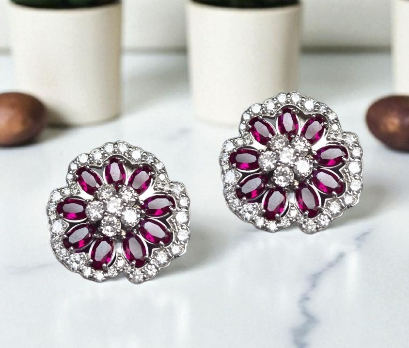 5.00 Carat Lab Grown Ruby and Diamond Earrings 14k White Gold GIA Authenticated