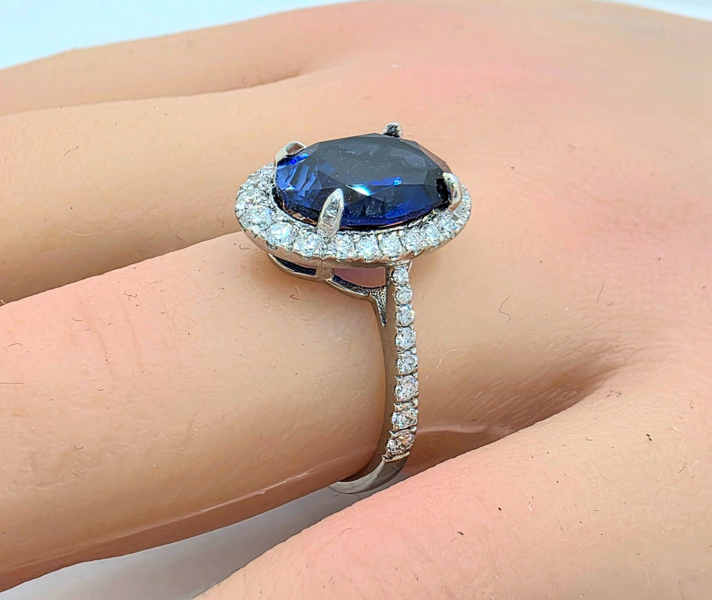 4.68 Ct Lady Di Lab Grown Sapphire and Diamond Ring 14k White GIA Authenticated