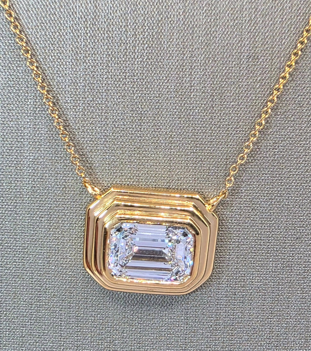 2.84 Ct D VVS2 Emerald Cut Lab Grown Bezel Pendant 14k Yellow Gold IGI Certified