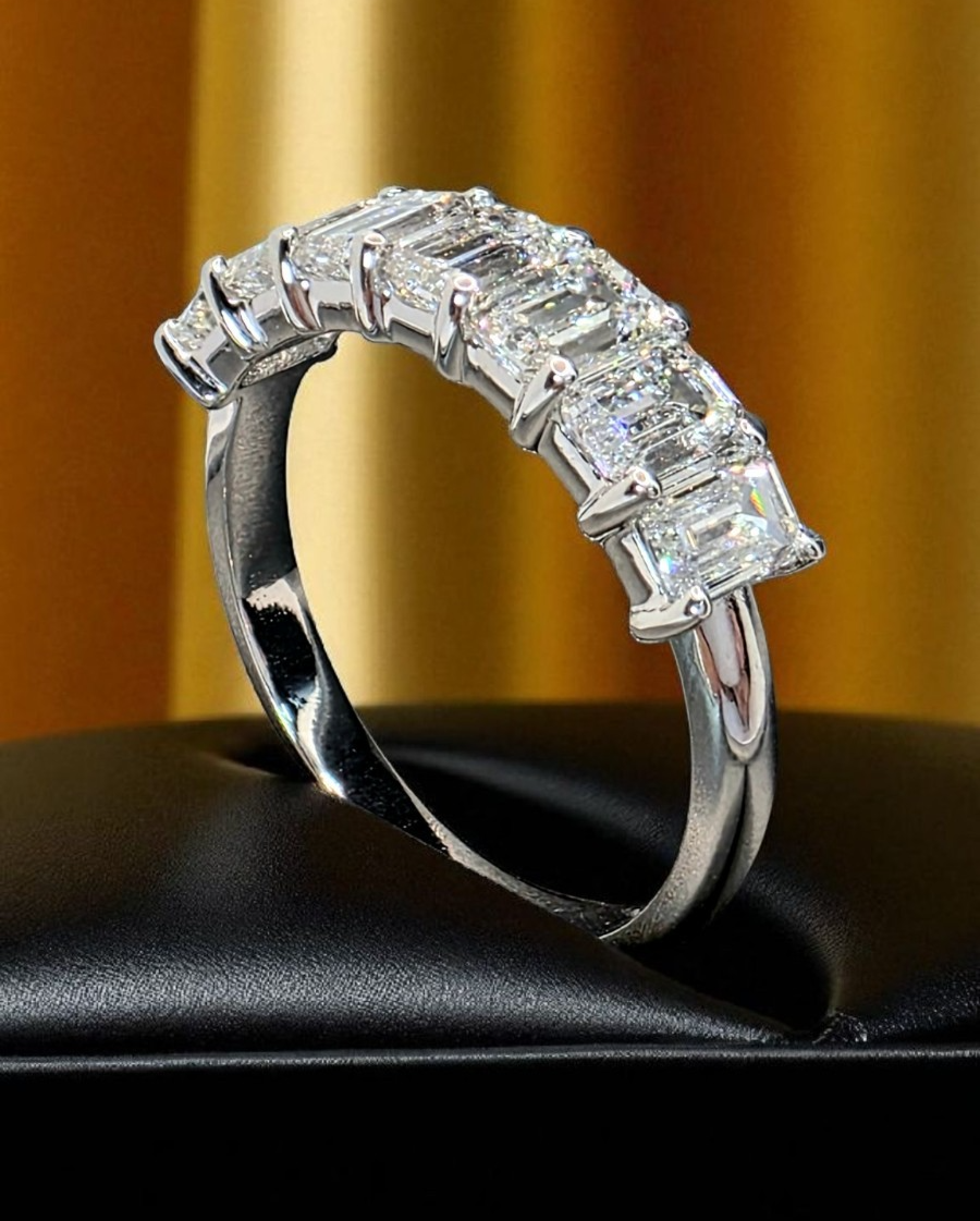 3.00 Carat 7 Stone Lab Grown Emerald Cut Diamond Band 3mm Platinum GIA Authentic