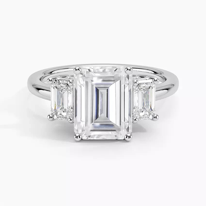 5 Carat IGI CERTIFIED E VS1 Emerald Cut Lab Grown Diamond Three Stone Ring 14k