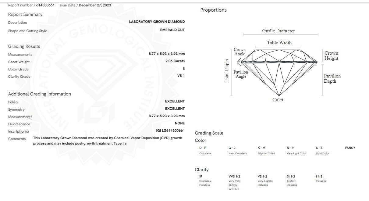 2.37 Carat Emerald Cut Diamond Engagement Ring IGI Certified Lab Grown 14k
