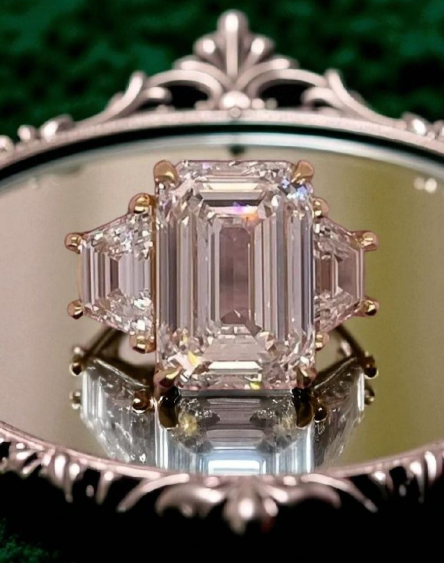 3.80Ct Emerald Cut Lab Grown Diamond Three Stone Engagement Ring 14k Yellow Gold