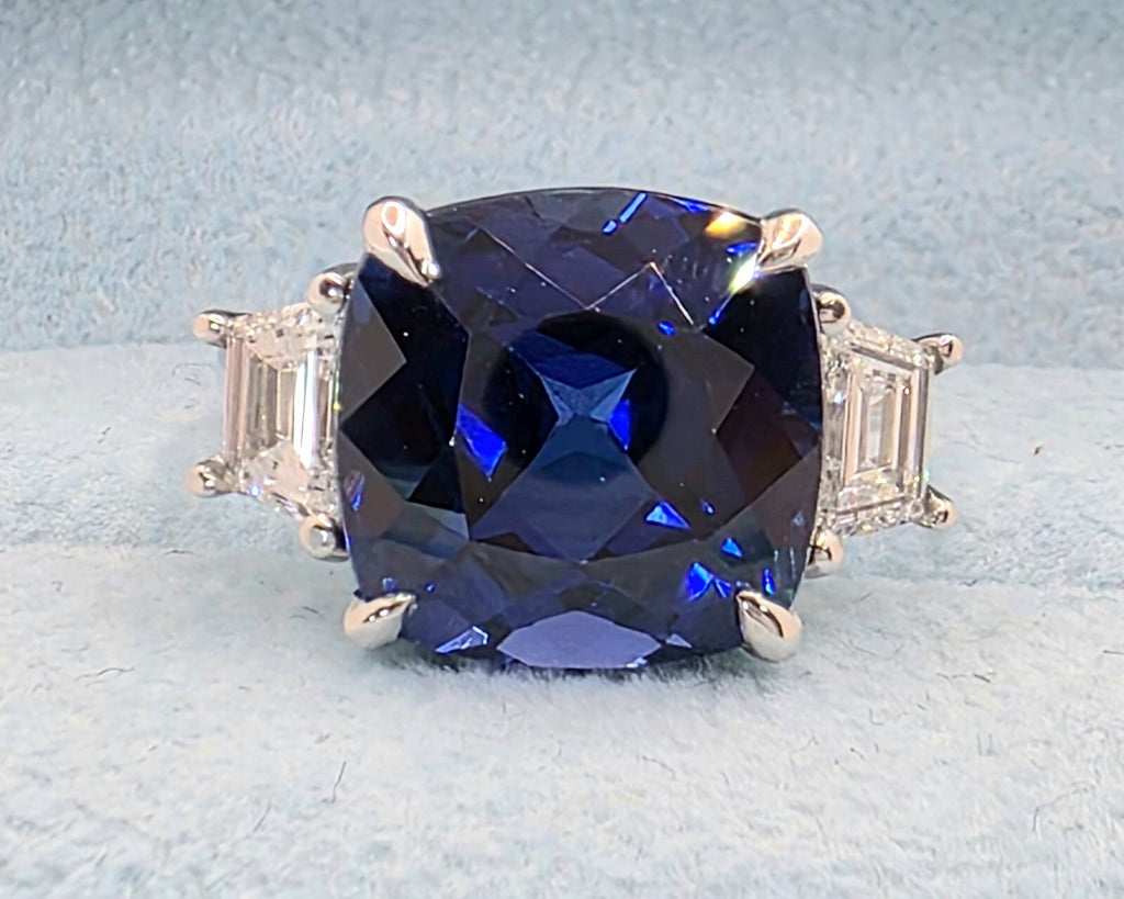 11.79 Ct Cushion Lab Grown Sapphire and Diamond Ring 14k GIA Authenticated