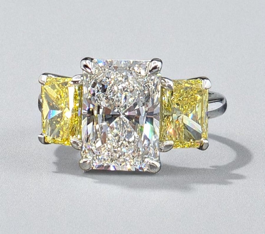 4.42 CT E VVS2 Radiant Cut Lab Grown Diamond 3 Stone Ring Platinum IGI Certified