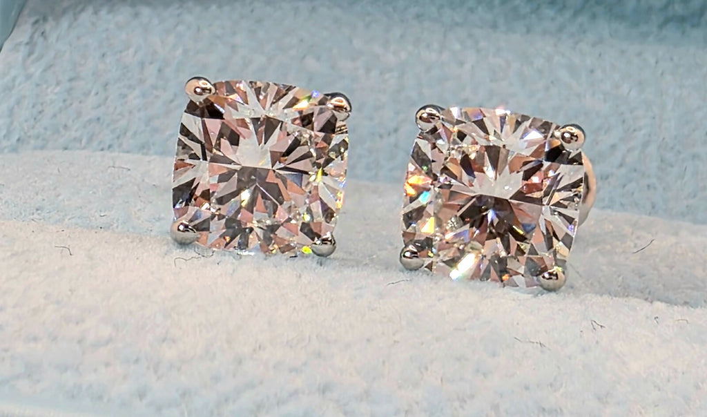 4.00 Cushion E VS1 Lab Grown Diamond Studs IGI Certified 14k White Gold Screw