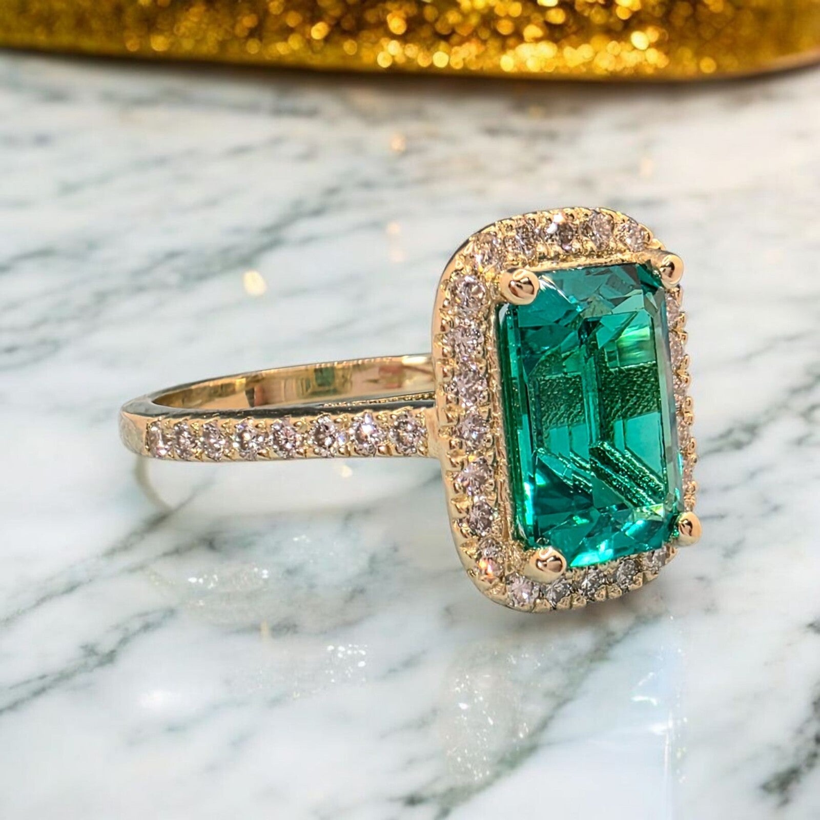 2.51 Ct Emerald Cut Lab Grown Emerald and Diamond Ring 14k GIA Authenticated