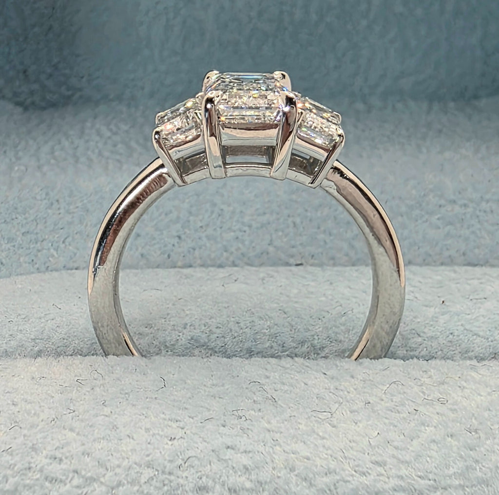 2.50 Ct Emerald Cut Certified Lab Grown Diamond 3 Stone Ring Platinum