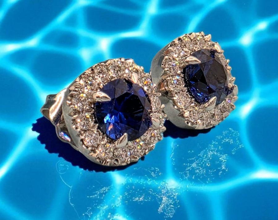 1.50 Ct Lab Grown Sapphire and Diamond Earrings 14k White Gold GIA Authenticated