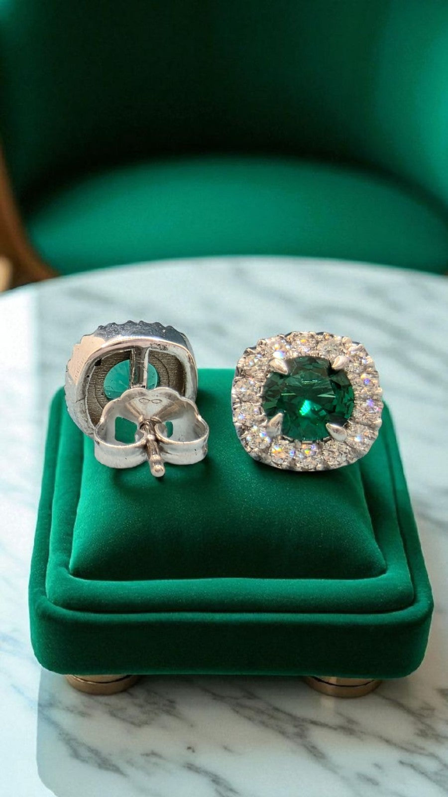 1.50 Ct Lab Grown Emerald and Diamond Earrings 14k White Gold GIA Authenticated