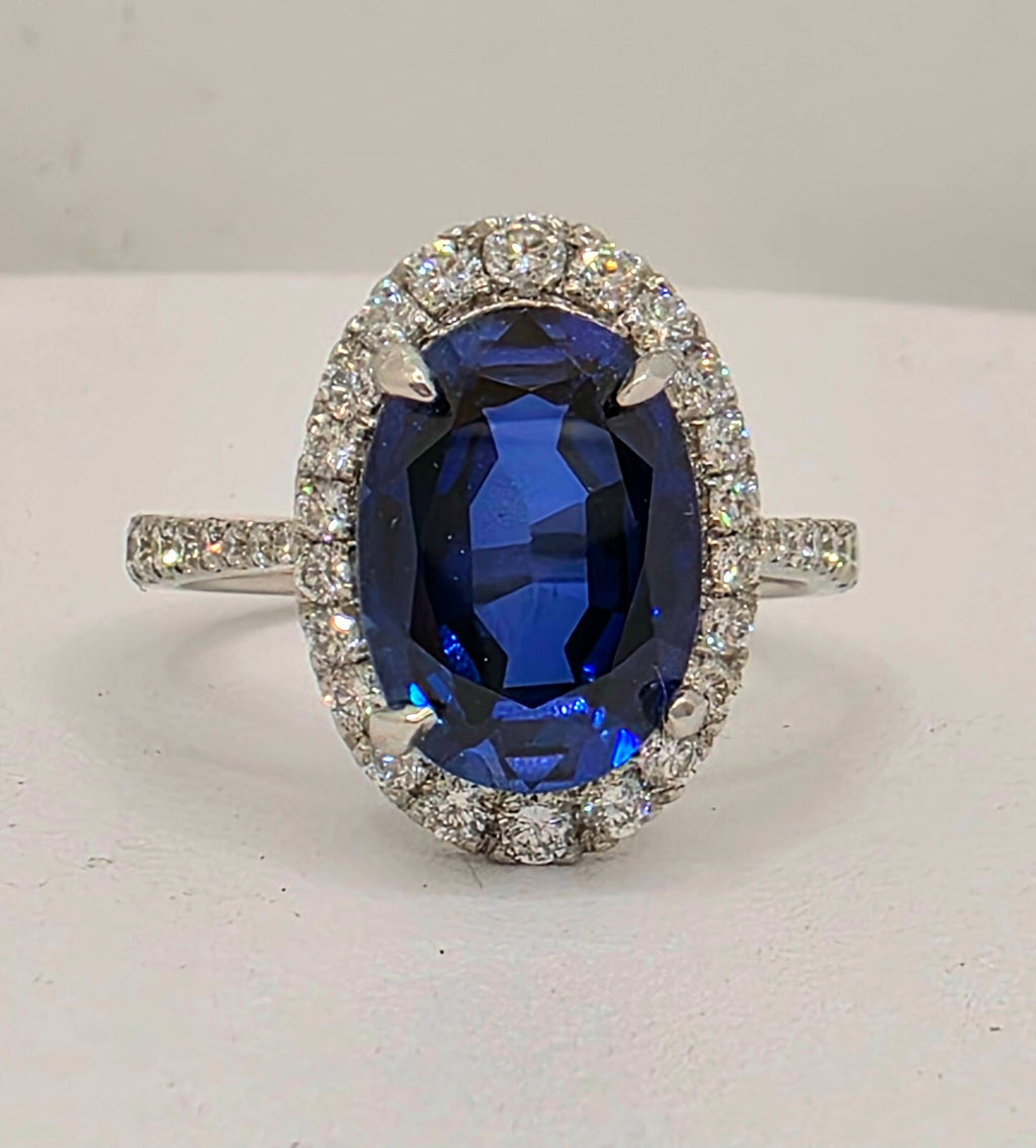 4.68 Ct Lady Di Lab Grown Sapphire and Diamond Ring 14k White GIA Authenticated