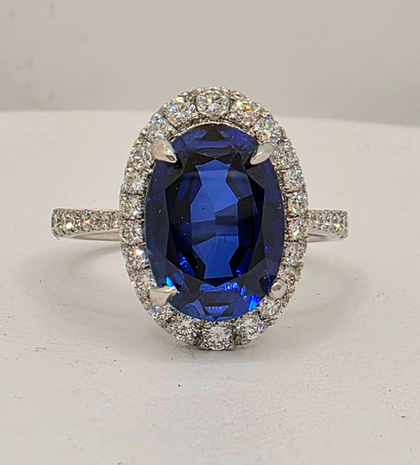 4.68 Ct Lady Di Lab Grown Sapphire and Diamond Ring 14k White GIA Authenticated