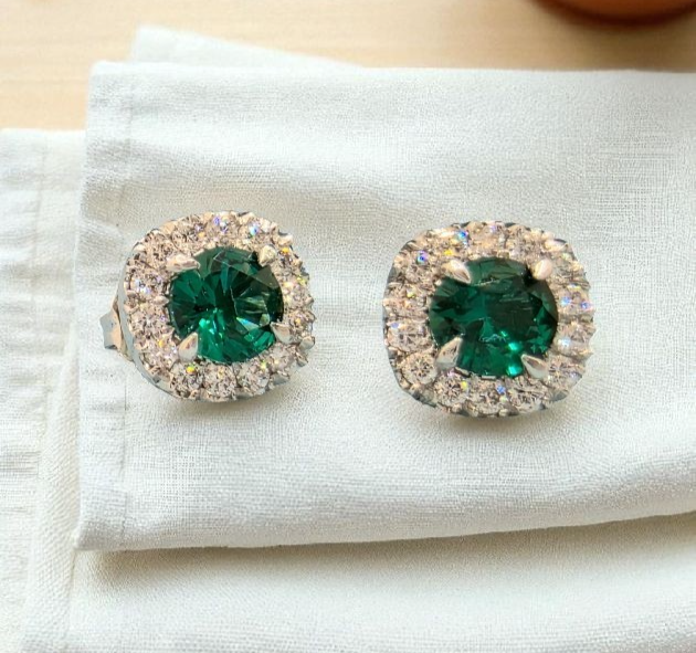 1.50 Ct Lab Grown Emerald and Diamond Earrings 14k White Gold GIA Authenticated