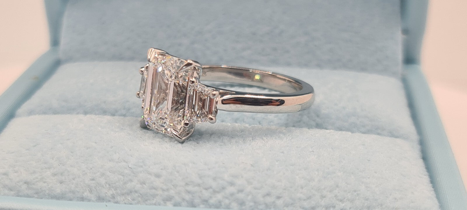 4.62 Ct D VS1 Emerald Cut Lab Grown Diamond 3 Stone Ring IGI Certified Platinum