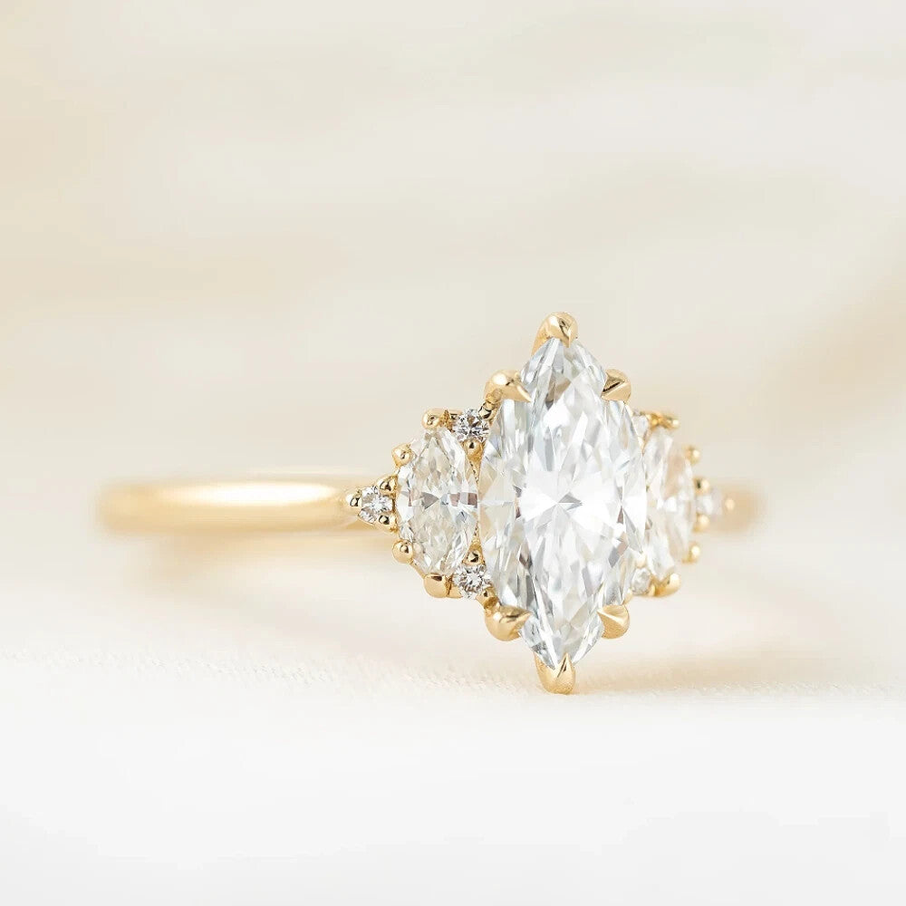 18k Yellow Gold Diamond Ring Marquise Cut 2.25 Ct IGI Certified Lab Created
