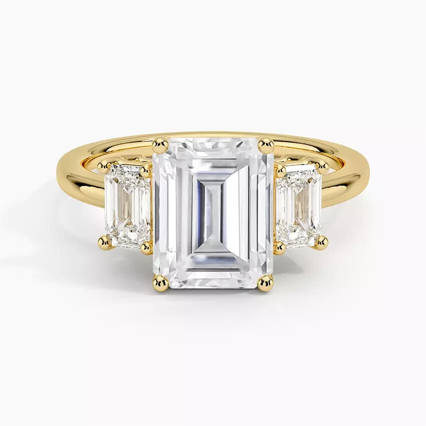 5 Carat IGI CERTIFIED E VS1 Emerald Cut Lab Grown Diamond Three Stone Ring 14k