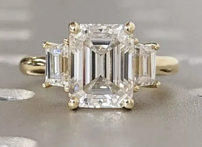 3.00 Ct Emerald Cut Certified Lab Grown Diamond 3 Stone Ring 14k Yellow Gold