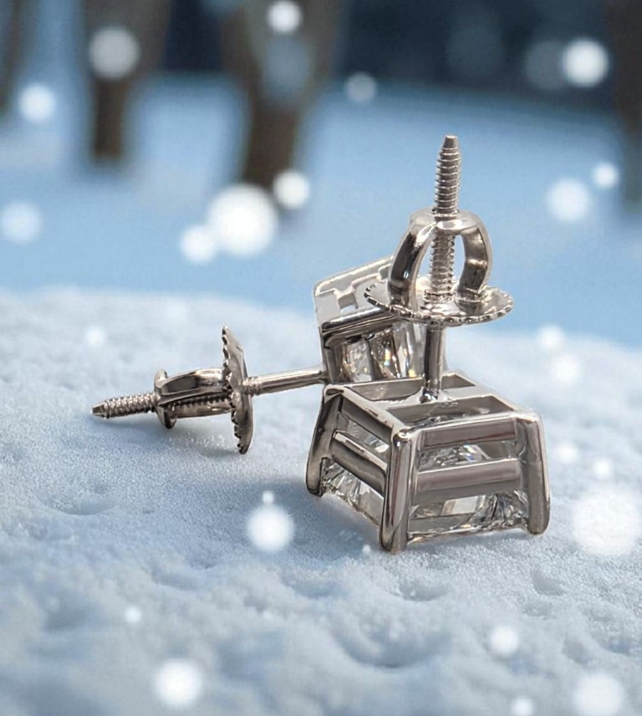 4.00 E VS1 Ct Princess Lab Grown Diamond Studs Set in 14k White IGI Certified