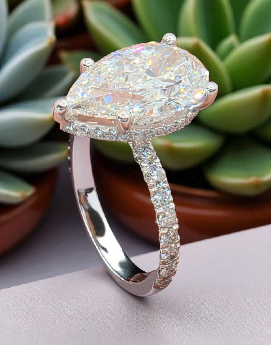 6 Ct Pear Shape Lab Grown Diamond Ring F VS1 IGI Certified Platinum GIA Authen