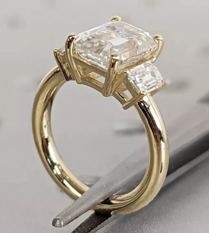3.00 Ct Emerald Cut Certified Lab Grown Diamond 3 Stone Ring 14k Yellow Gold