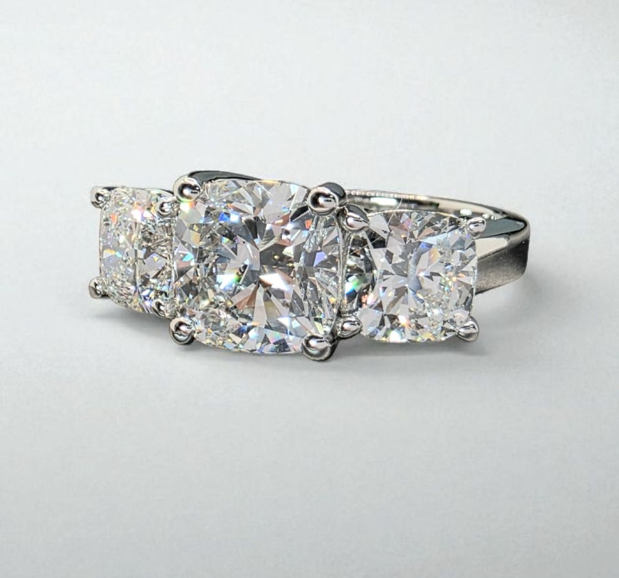 4.50 CT E VS1 Lab Grown Cushion Diamond Three Stone Engagement Ring IGI 14k