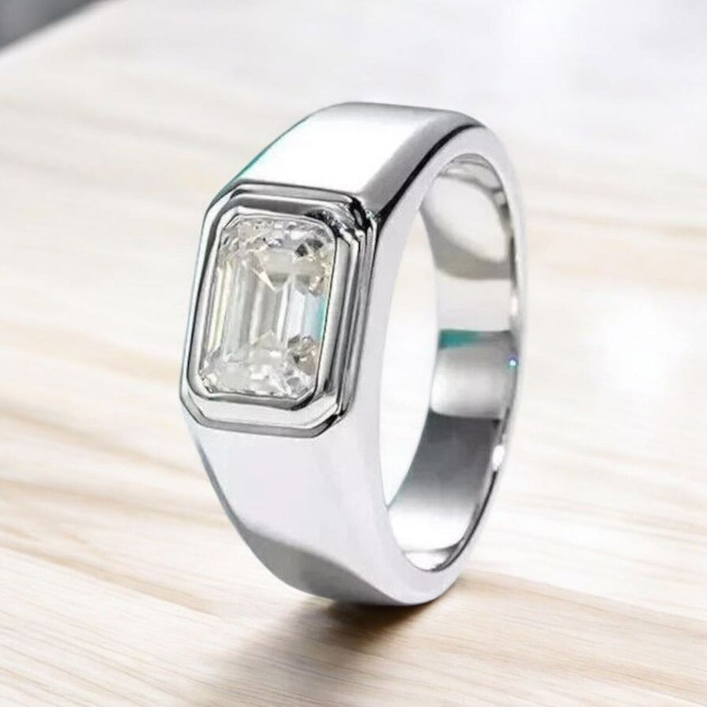 2.00 Ct Lab Grown Emerald Cut Diamond D VS1 Men's Ring 14K White IGI Certified