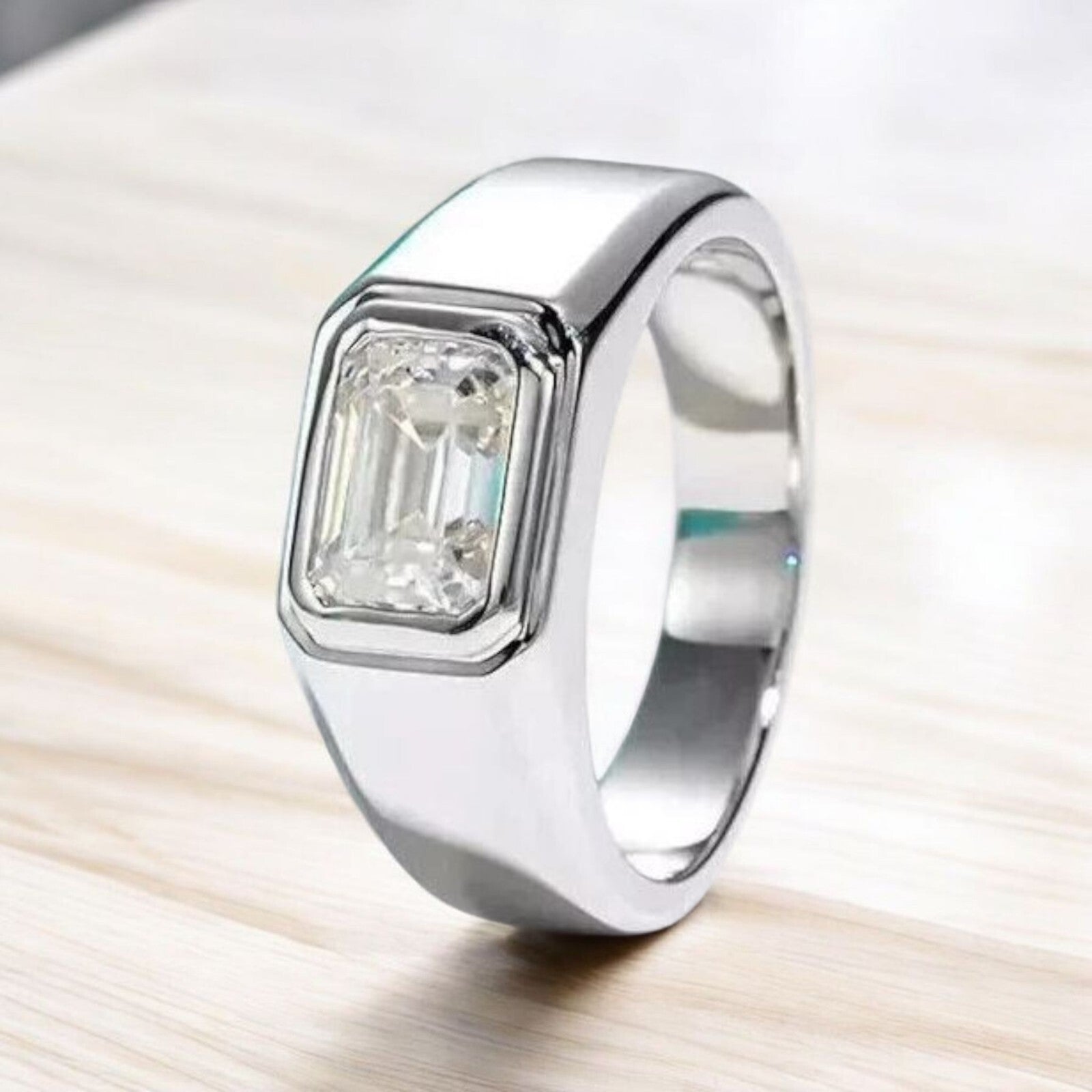 2.00 Ct Lab Grown Emerald Cut Diamond D VS1 Men's Ring 14K White IGI Certified
