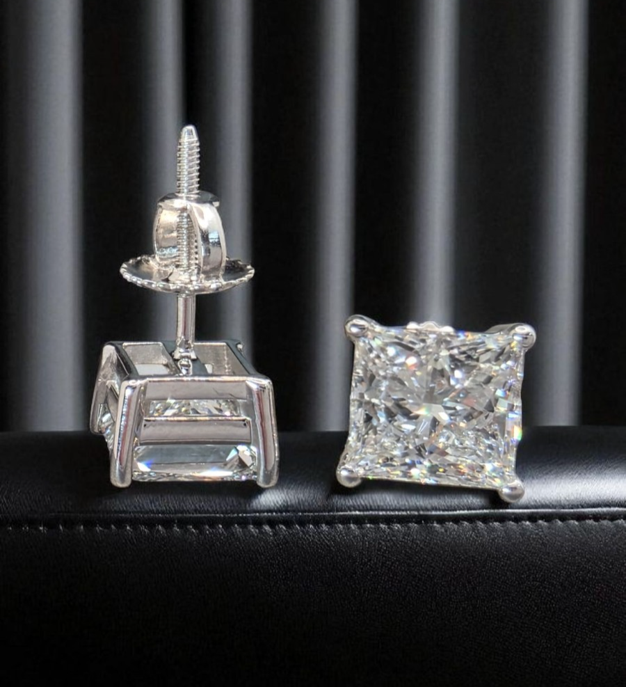 4.00 E VS1 Ct Princess Lab Grown Diamond Studs Set in 14k White IGI Certified