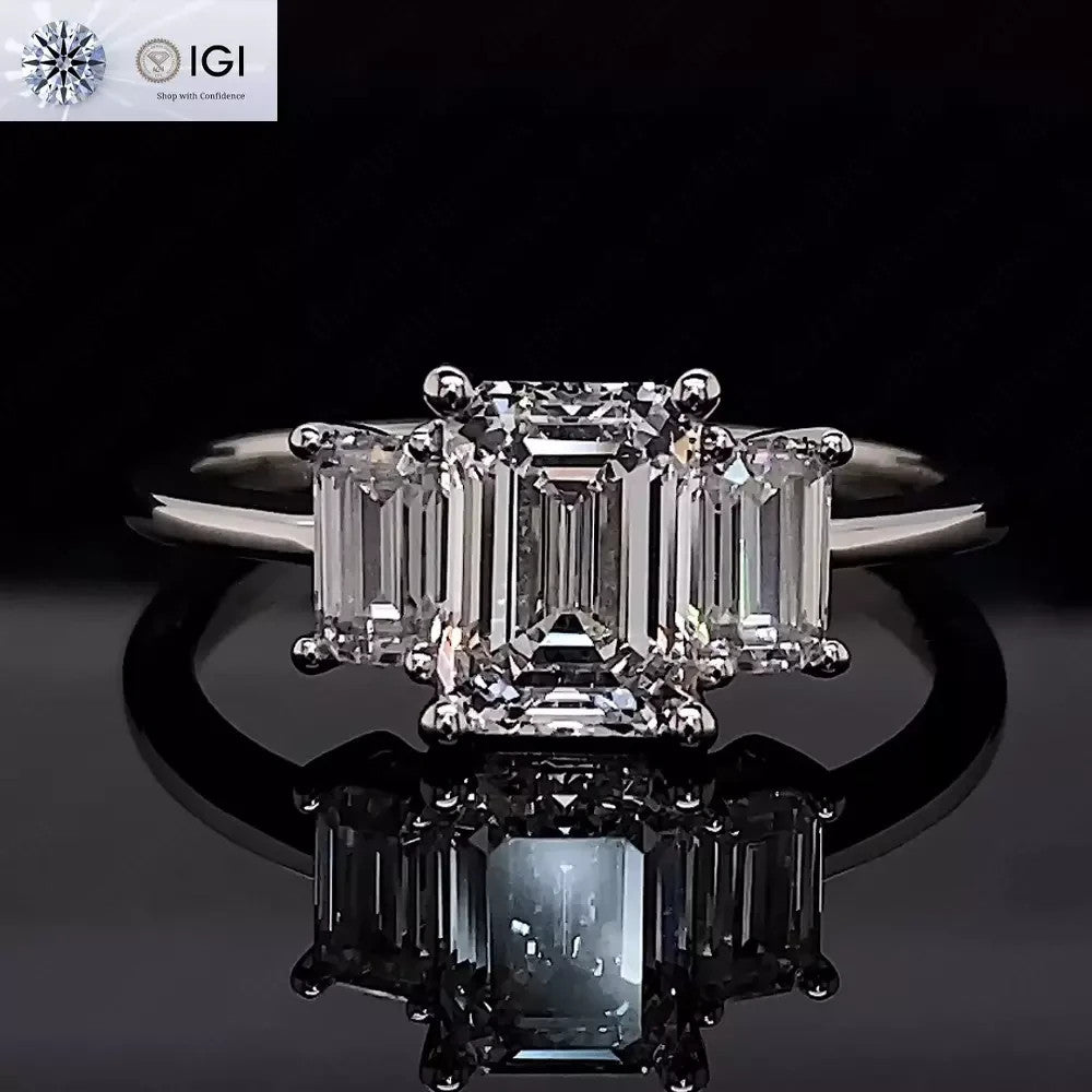 4.00 CT D VS1 Emerald Cut Lab Grown Diamond 3 Stone Ring 14k IGI  Certified