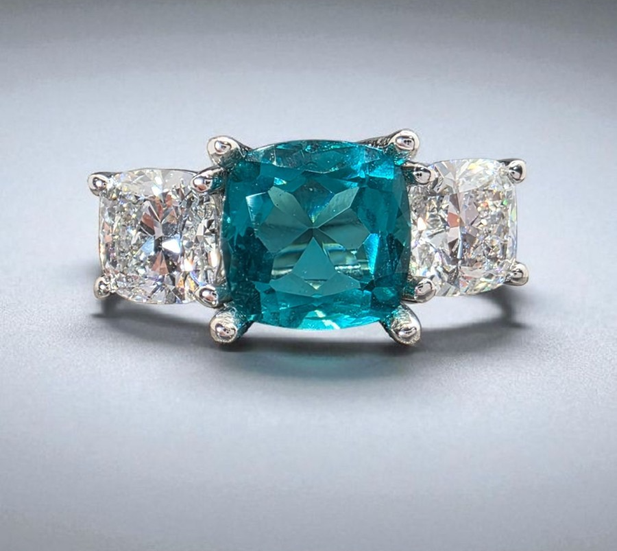 4.00 Ct Cushion Lab Grown Paraiba Tourmaline and Diamond Ring 14k IGI GIA