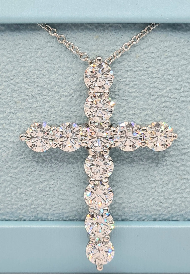 7.73 Ct E VS Round Lab Grown Large Diamond Cross Pendant Necklace 14k White Gold